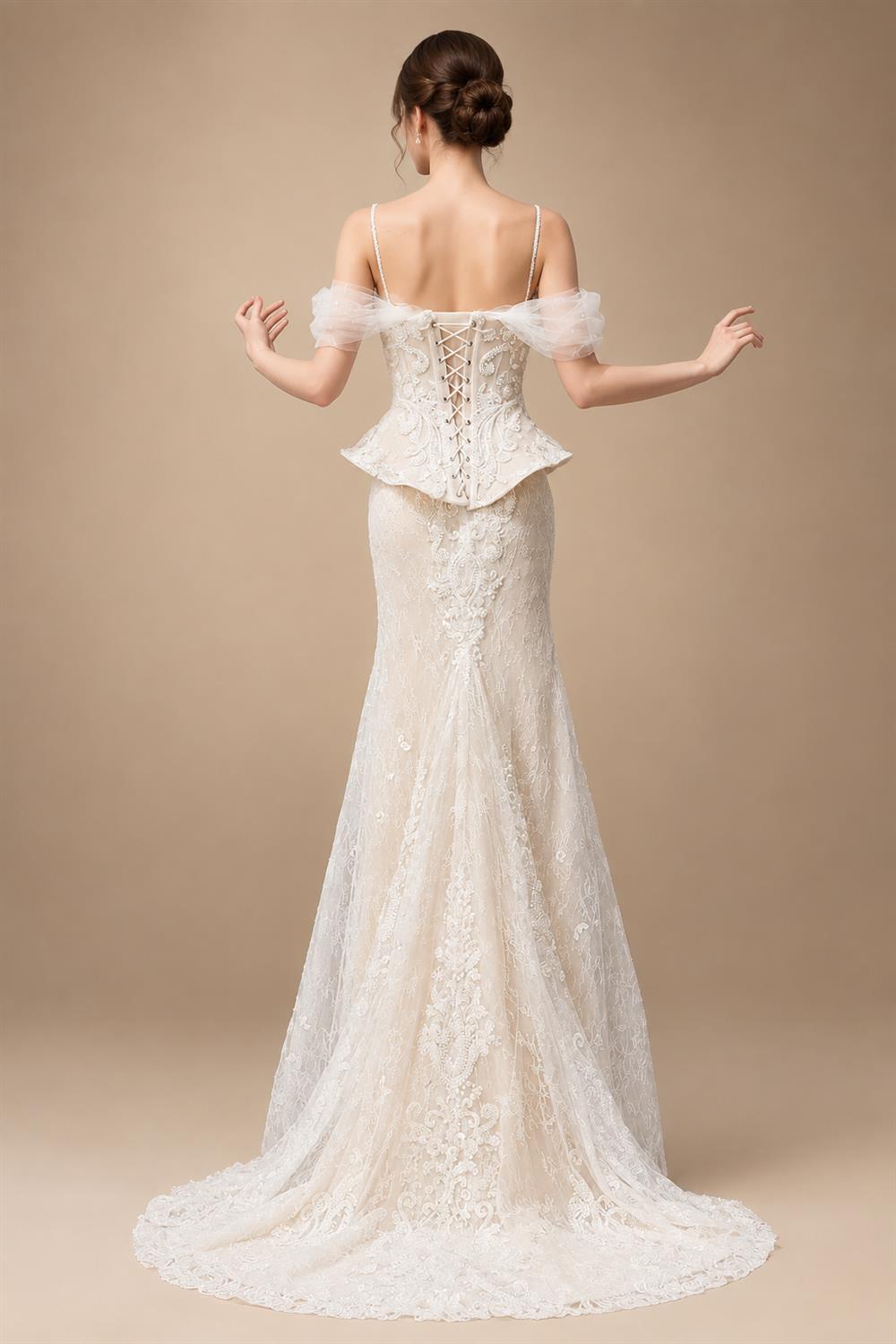 Luxury Ivory Off-the-Shoulder Lace Corset Tulle Train Wedding Dress ZP135