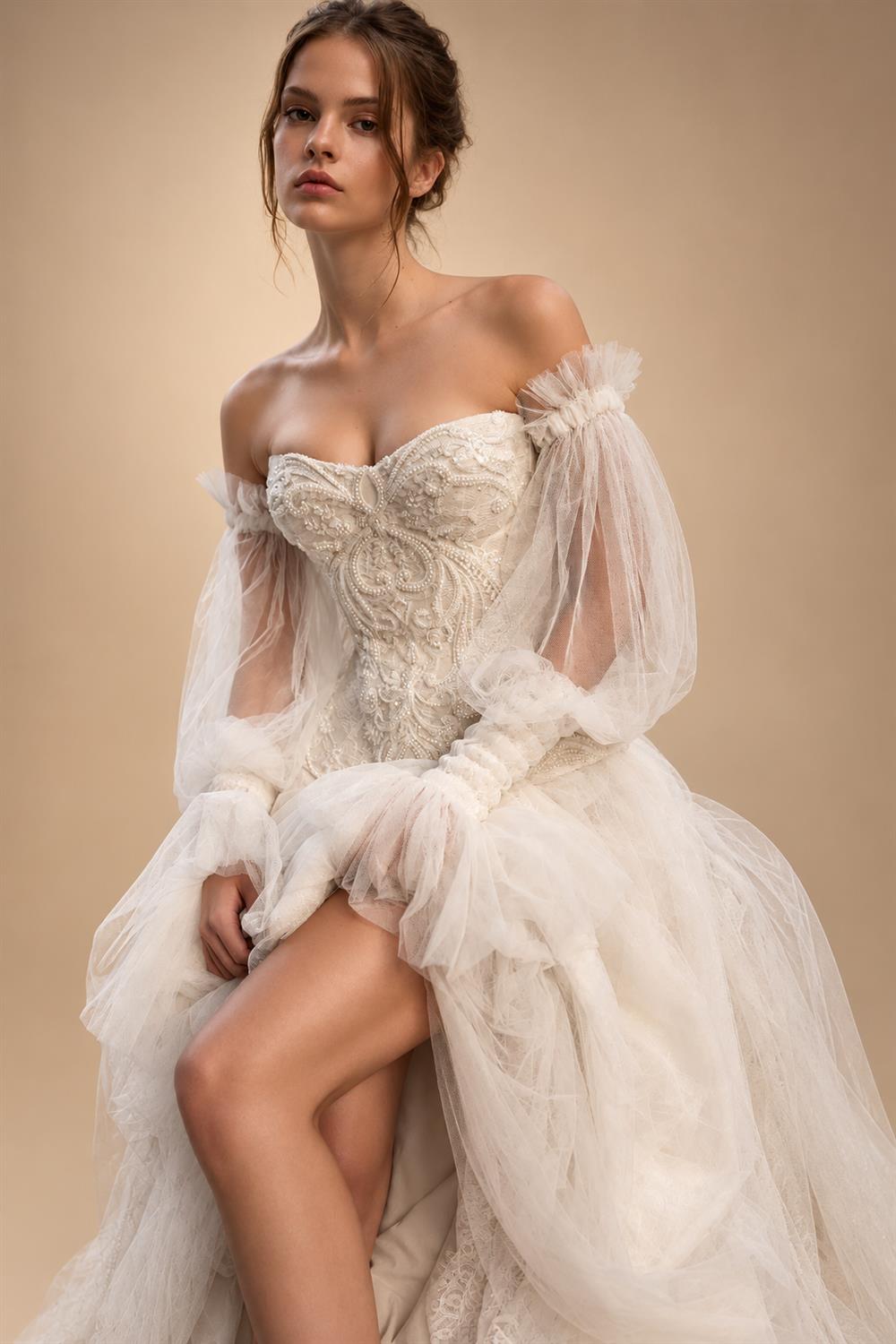 Luxury Ivory Off-the-Shoulder Lace Corset Tulle Train Wedding Dress ZP135