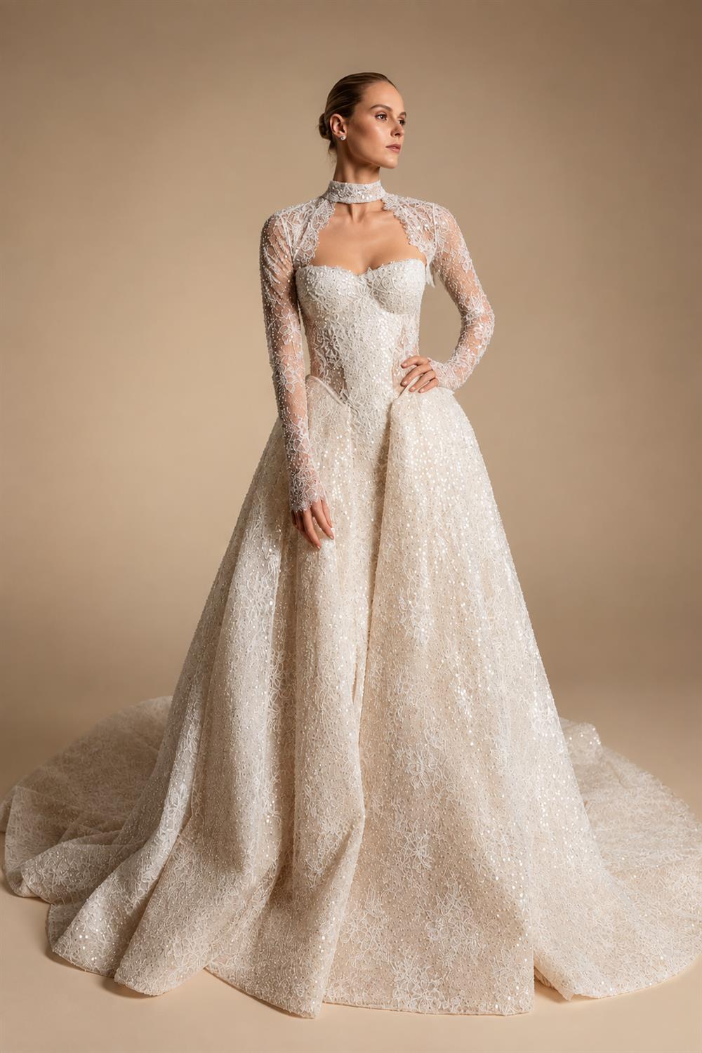 Luxury Ivory Beaded Long Sleeve Train Wedding Dress with Overskirt ZP138