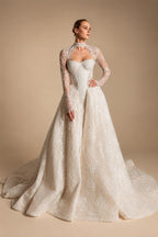 Luxury Ivory Beaded Long Sleeve Train Wedding Dress with Overskirt ZP138