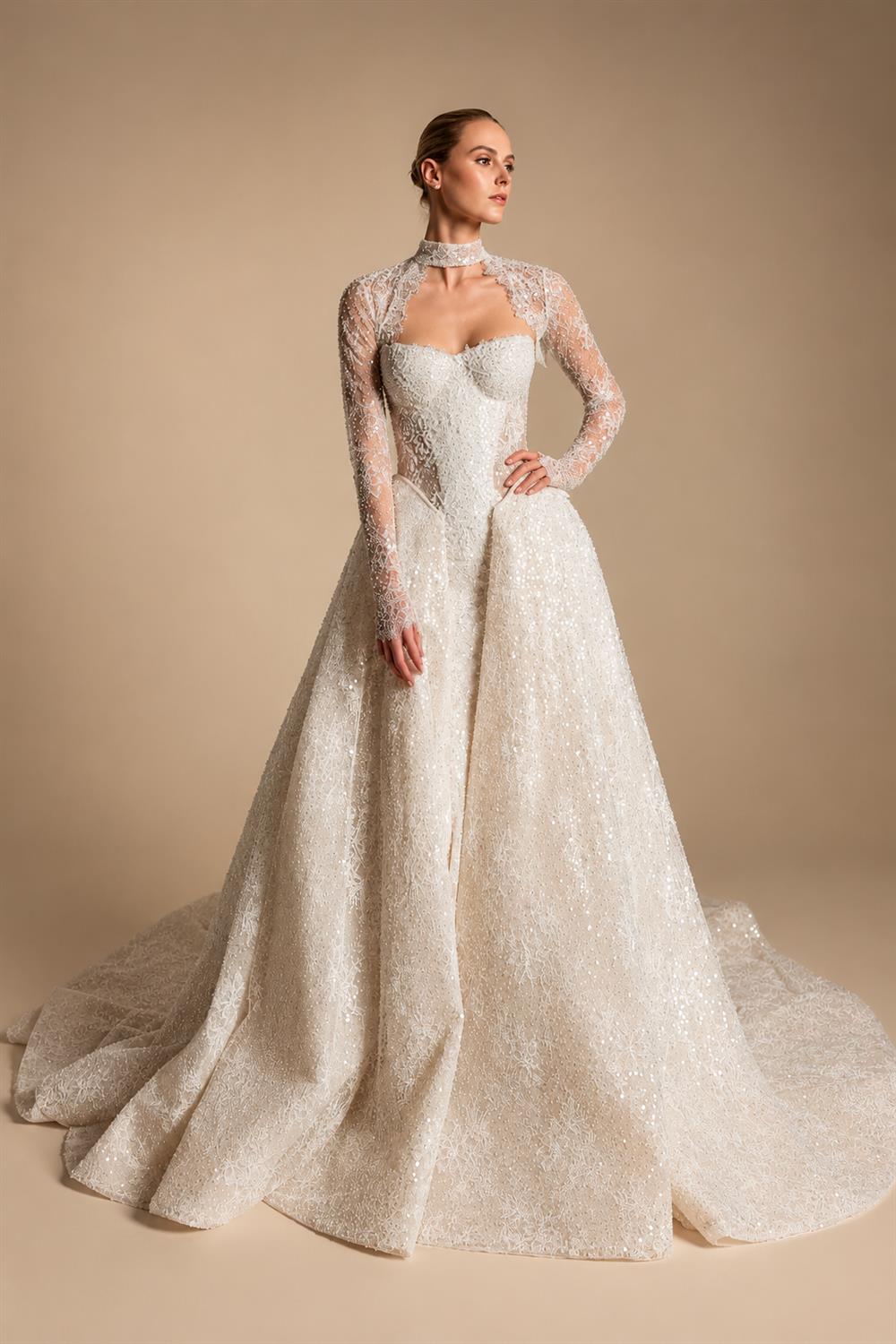 Luxury Ivory Beaded Long Sleeve Train Wedding Dress with Overskirt ZP138