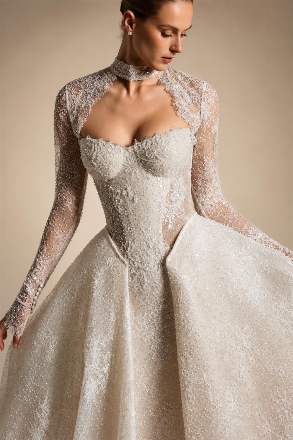 Luxury Ivory Beaded Long Sleeve Train Wedding Dress with Overskirt ZP138