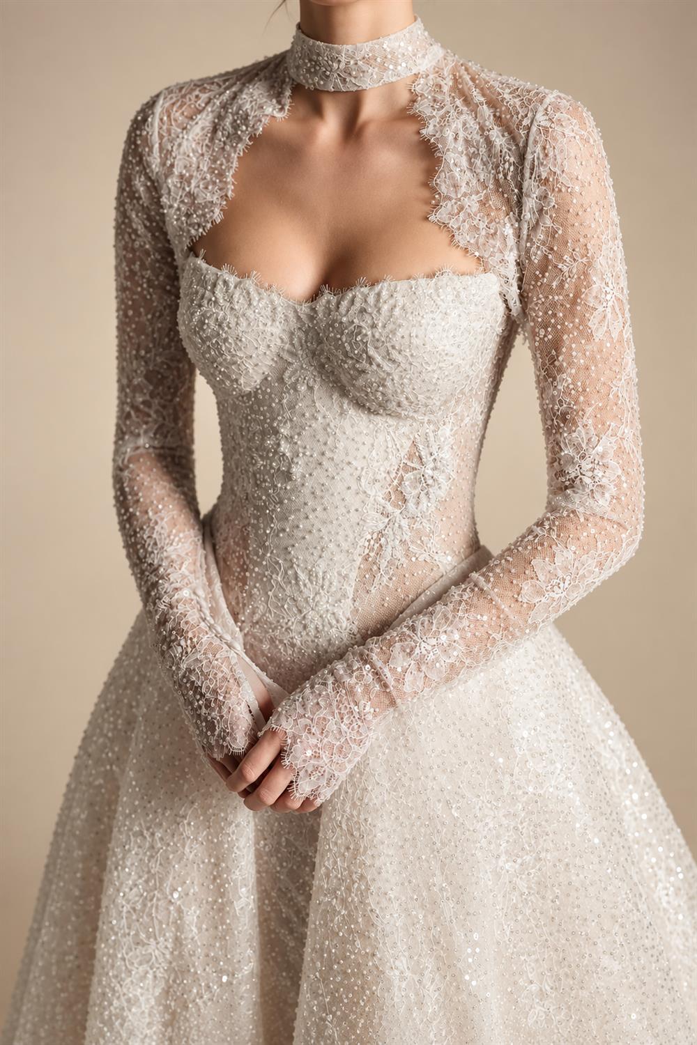Luxury Ivory Beaded Long Sleeve Train Wedding Dress with Overskirt ZP138