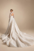 Luxury Ivory Beaded Long Sleeve Train Wedding Dress with Overskirt ZP138