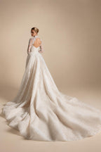 Luxury Ivory Beaded Long Sleeve Train Wedding Dress with Overskirt ZP138