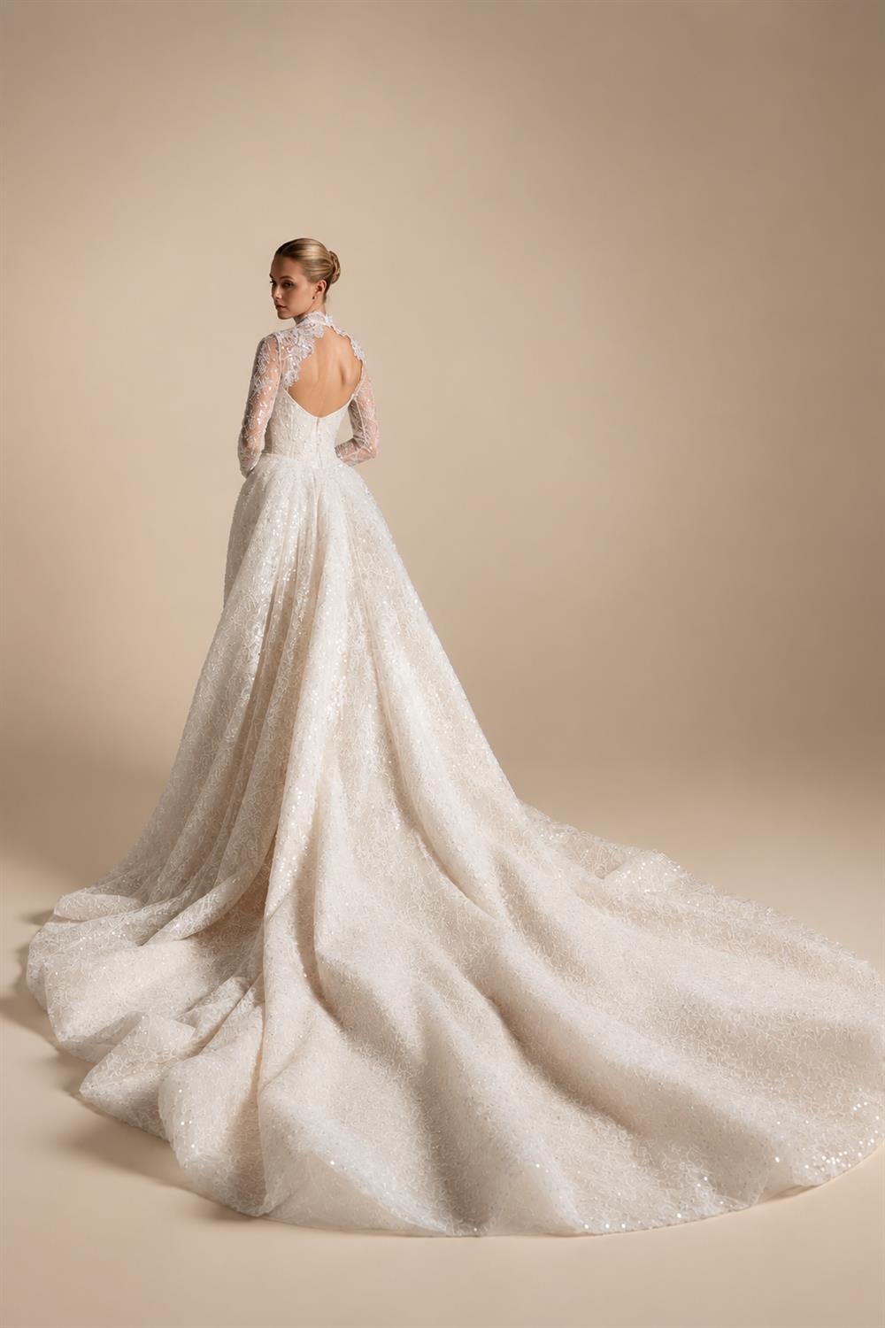 Luxury Ivory Beaded Long Sleeve Train Wedding Dress with Overskirt ZP138