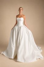 Luxury White Spaghetti Strap Beaded Satin Ball Gown Wedding Dress ZP139
