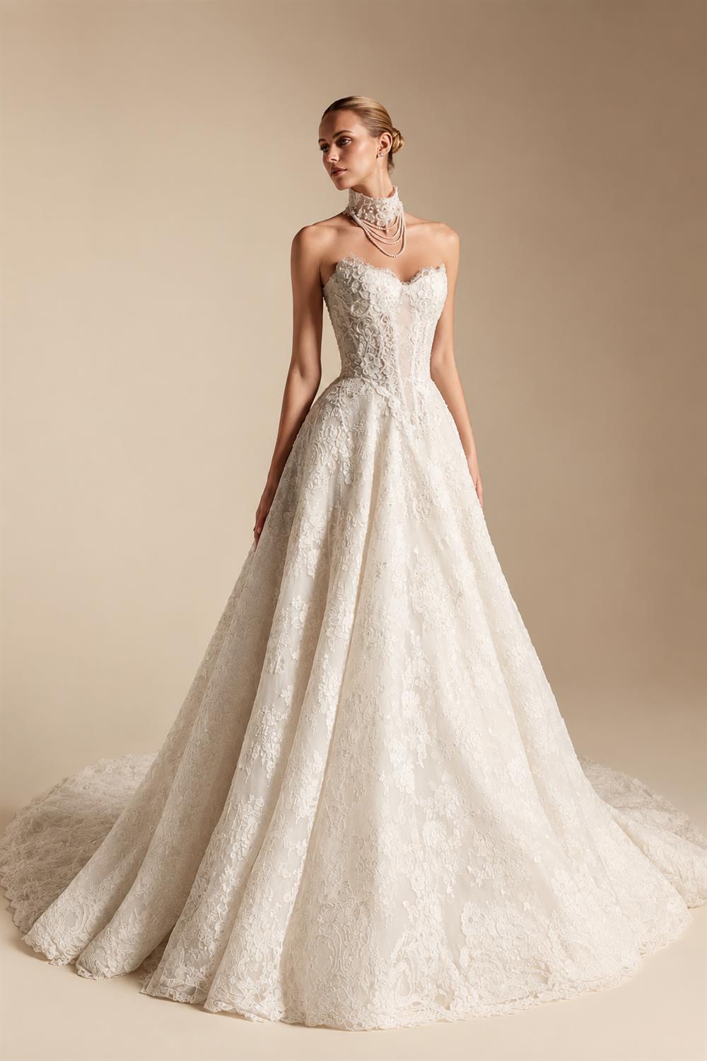 Luxury Ivory Strapless Lace Train Wedding Dress with Scarf ZP140