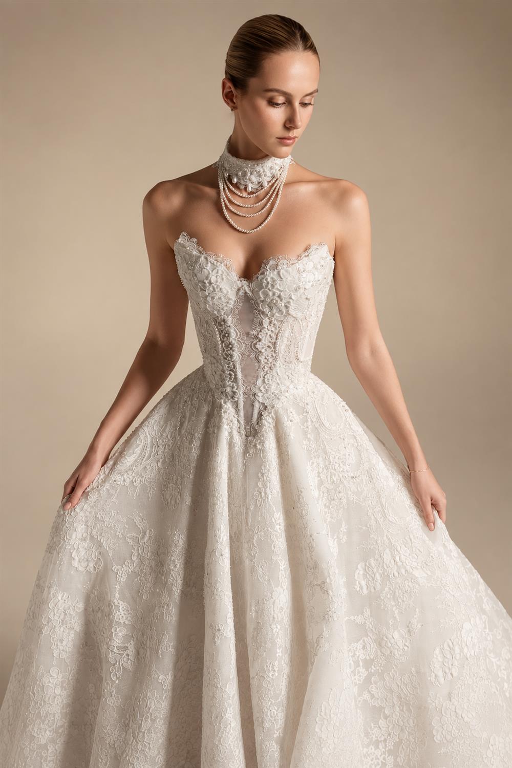 Luxury Ivory Strapless Lace Train Wedding Dress with Scarf ZP140