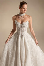 Luxury Ivory Strapless Lace Train Wedding Dress with Scarf ZP140