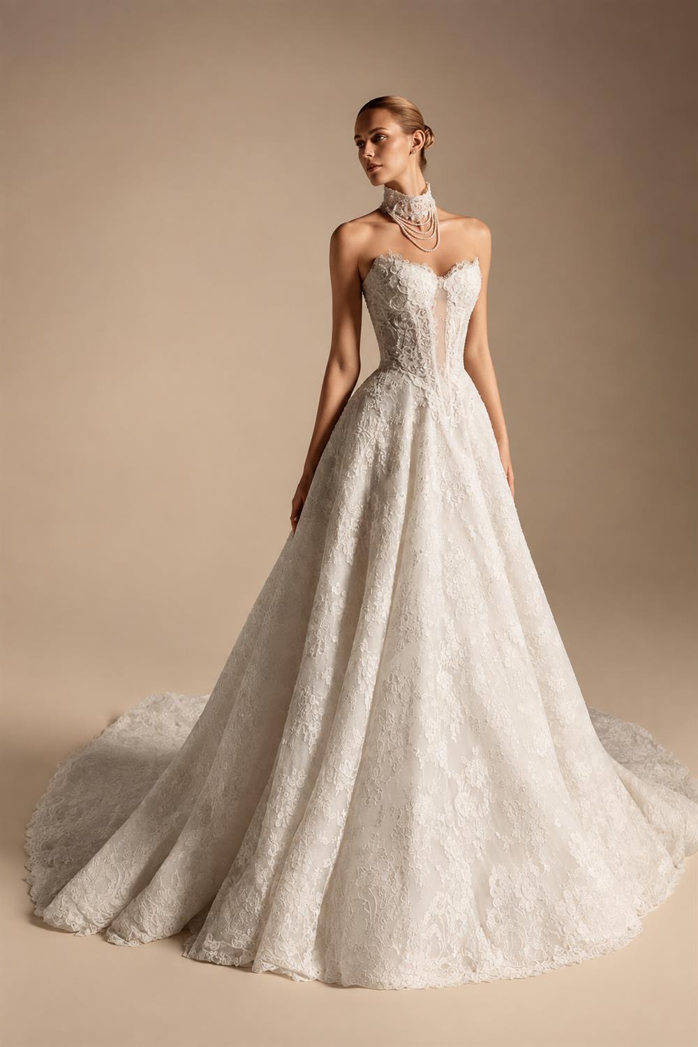 Luxury Ivory Strapless Lace Train Wedding Dress with Scarf ZP140