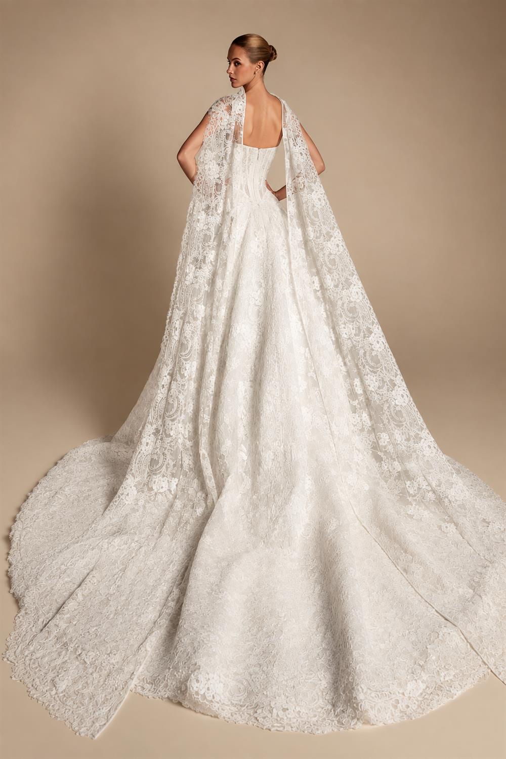 Luxury Ivory Strapless Lace Train Wedding Dress with Scarf ZP140
