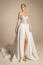 Luxury Ivory Strapless Lace High-Slit A-Line Wedding Dress ZP141