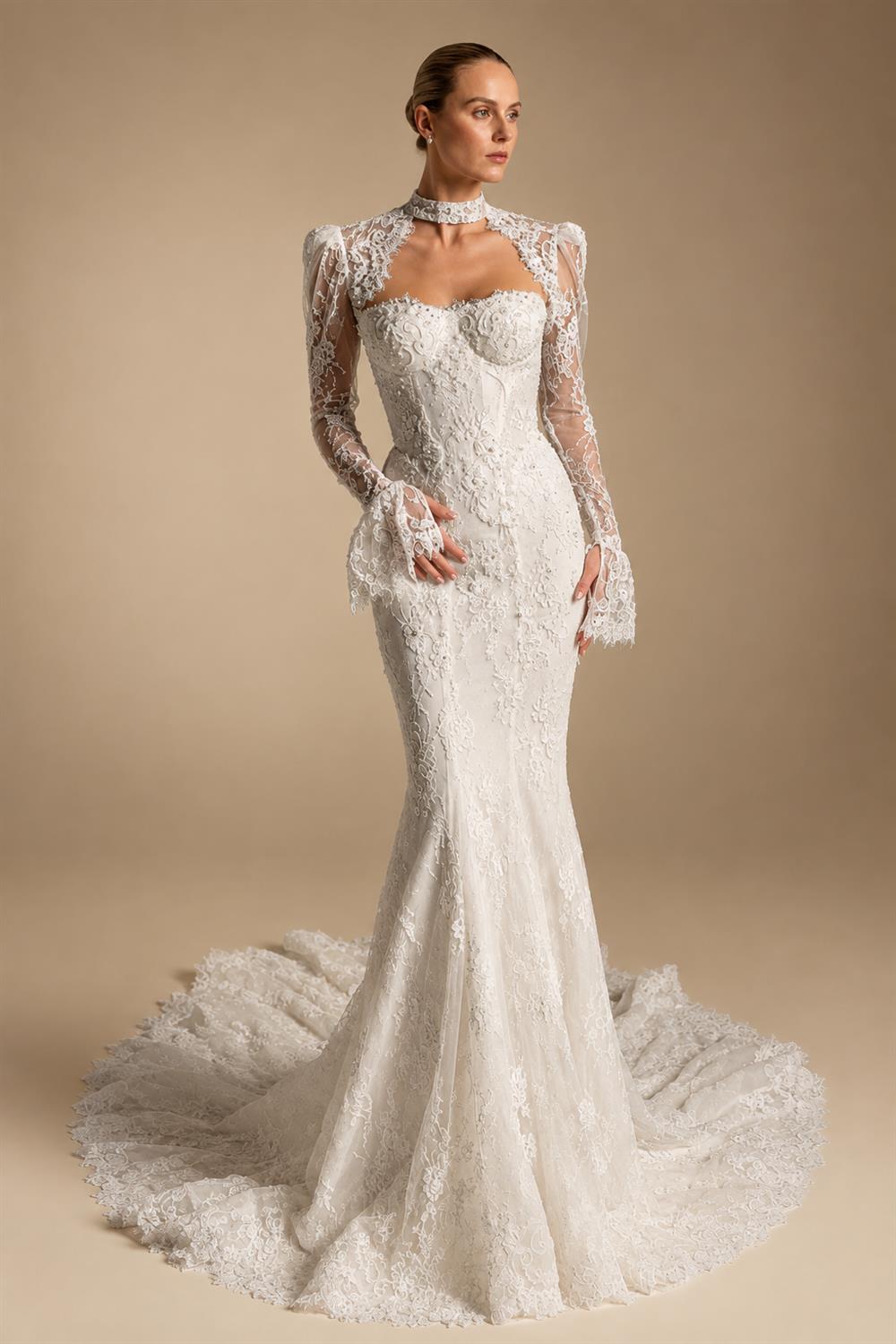 Luxury Ivory Lace Long Sleeve Mermaid Train Wedding Dress ZP142
