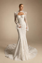 Luxury Ivory Lace Long Sleeve Mermaid Train Wedding Dress ZP142