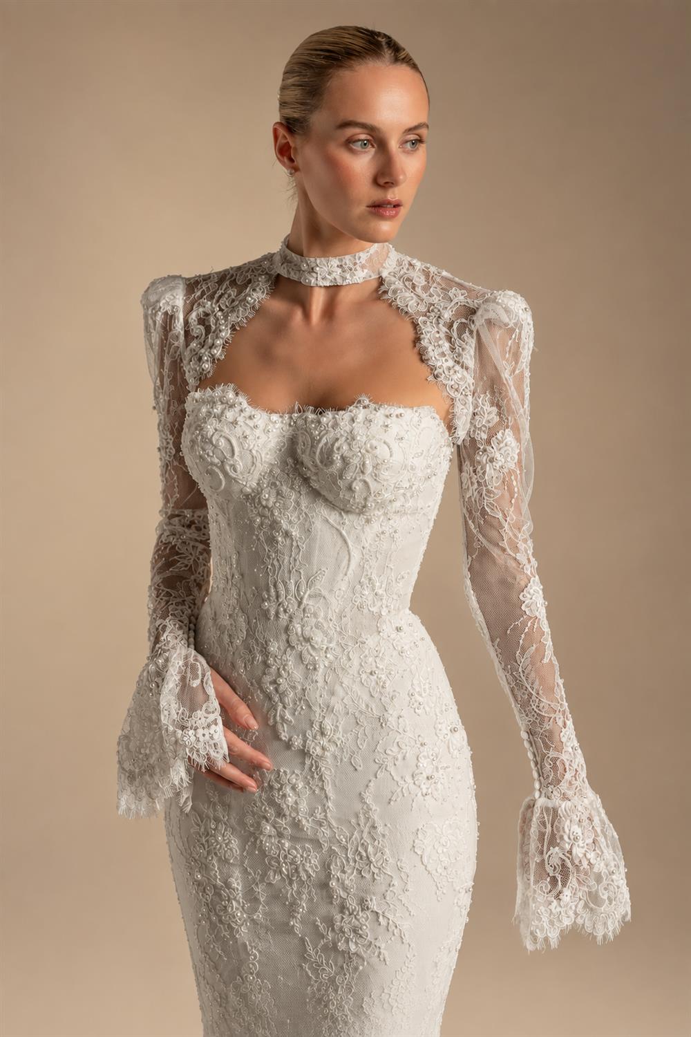 Luxury Ivory Lace Long Sleeve Mermaid Train Wedding Dress ZP142