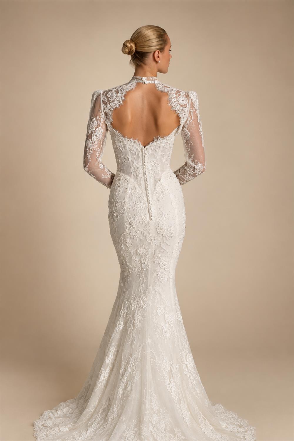 Luxury Ivory Lace Long Sleeve Mermaid Train Wedding Dress ZP142