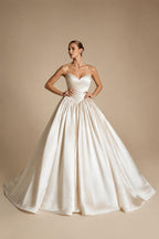 Luxury Champagne Strapless Satin Ball Gown Trailed Wedding Dress ZP144