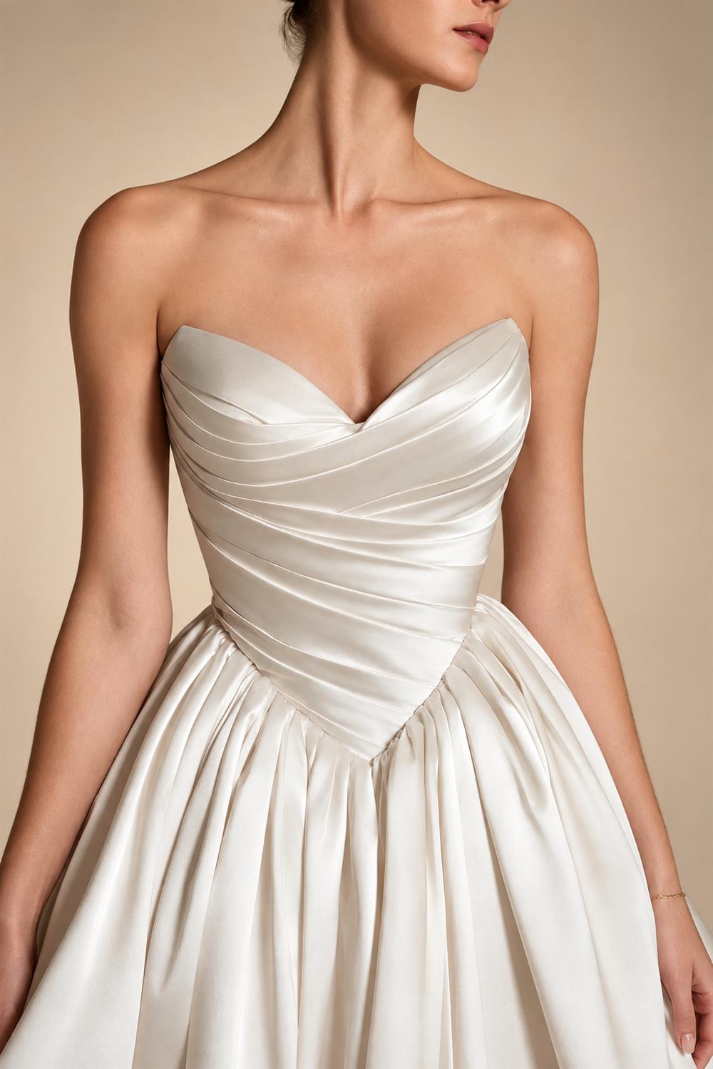 Luxury Champagne Strapless Satin Ball Gown Trailed Wedding Dress ZP144