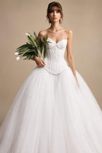 Luxury White Strapless Lace Tulle Ball Gown Wedding Dress ZP145