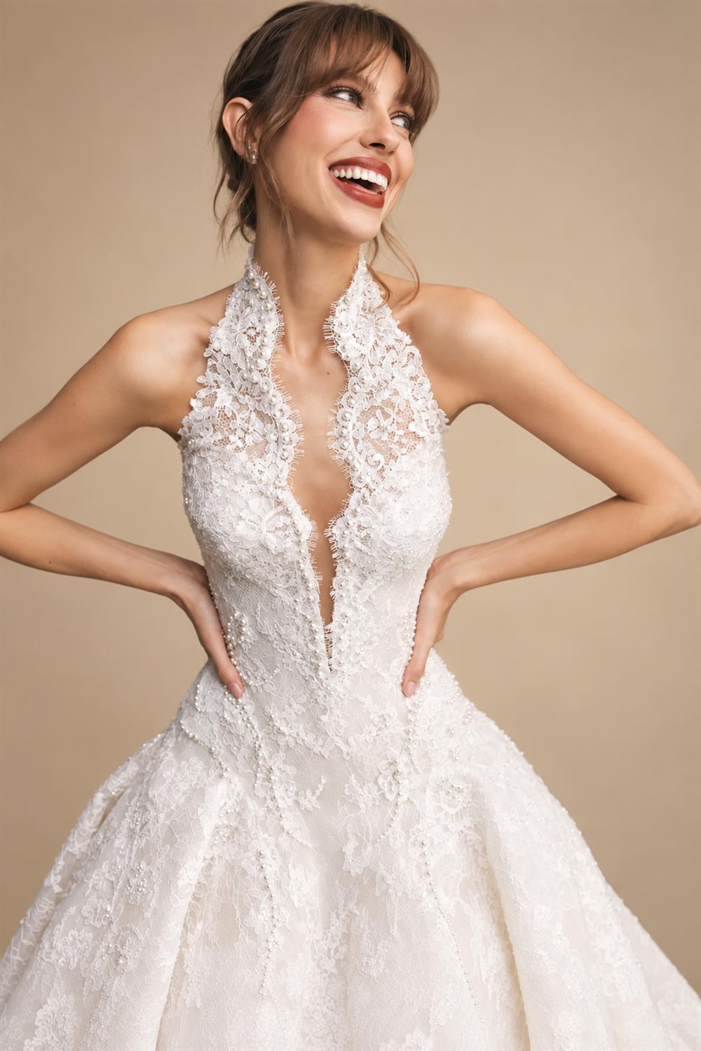 Luxury Ivory Halter Neck Lace Deep V Ball Gown Wedding Dress ZP146