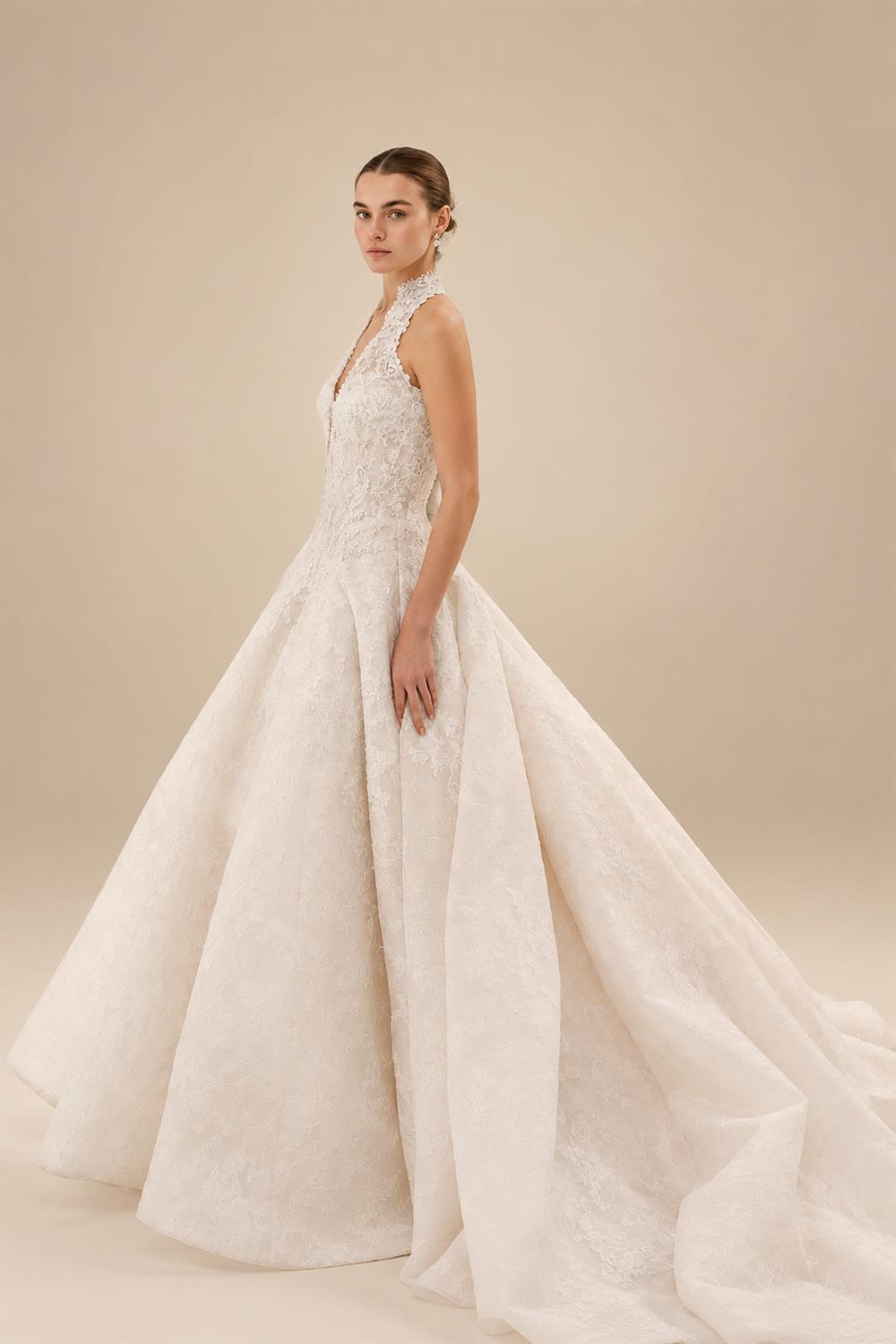 Luxury Ivory Halter Neck Lace Deep V Ball Gown Wedding Dress ZP146