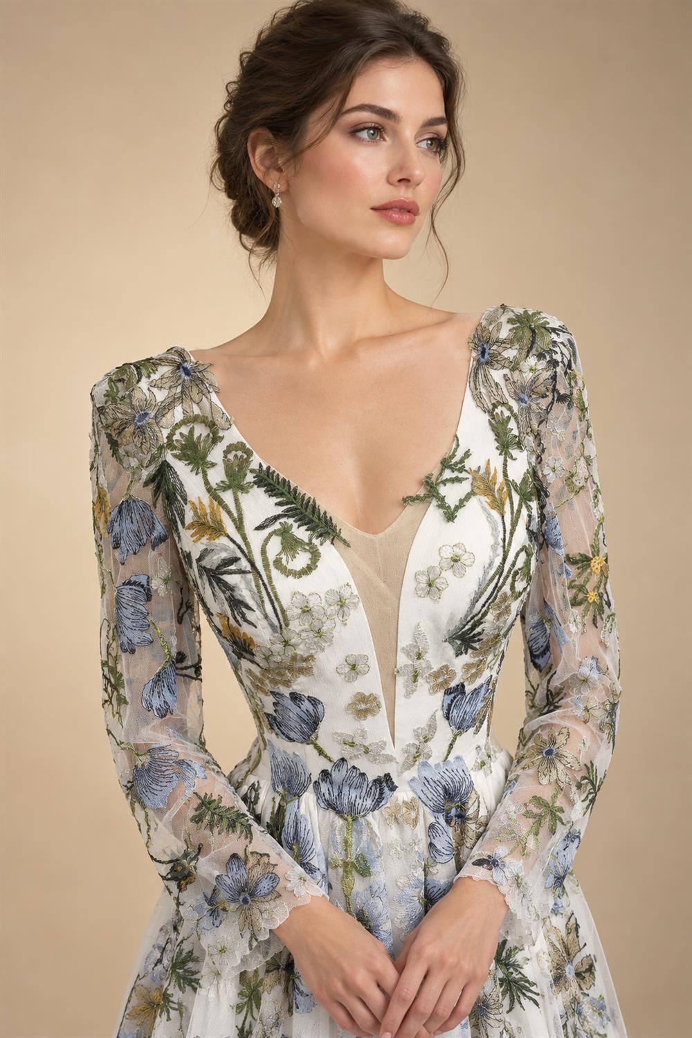 Luxury White Embroidery Long Sleeve Boho Train Wedding Dress ZP158