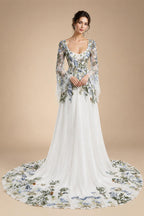 Luxury White Embroidery Long Sleeve Boho Train Wedding Dress ZP158