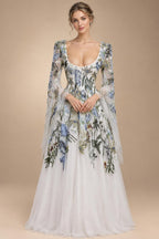 Luxury White Embroidery Long Sleeve Boho Train Wedding Dress ZP158