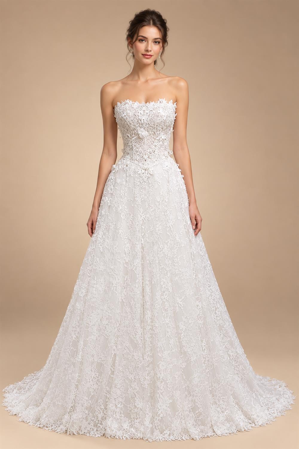 Luxury White Embroidered 3D Floral Strapless Ball Gown Wedding Dress ZP159