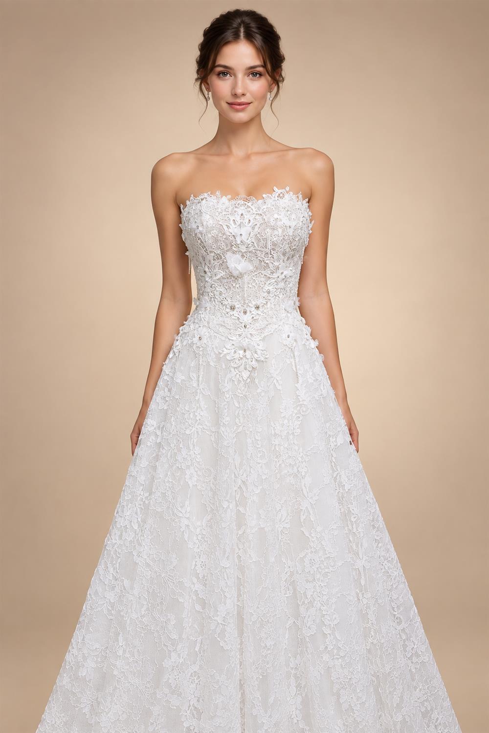 Luxury White Embroidered 3D Floral Strapless Ball Gown Wedding Dress ZP159