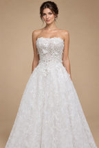 Luxury White Embroidered 3D Floral Strapless Ball Gown Wedding Dress ZP159