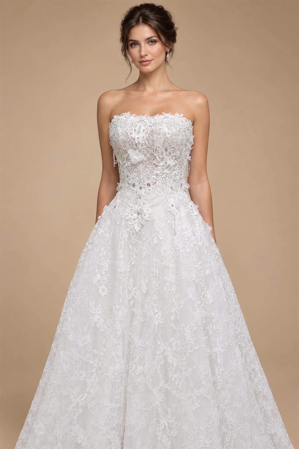 Luxury White Embroidered 3D Floral Strapless Ball Gown Wedding Dress ZP159