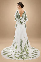 Luxury White & Green Botanical Print Cape Boho Train Wedding Dress ZP160