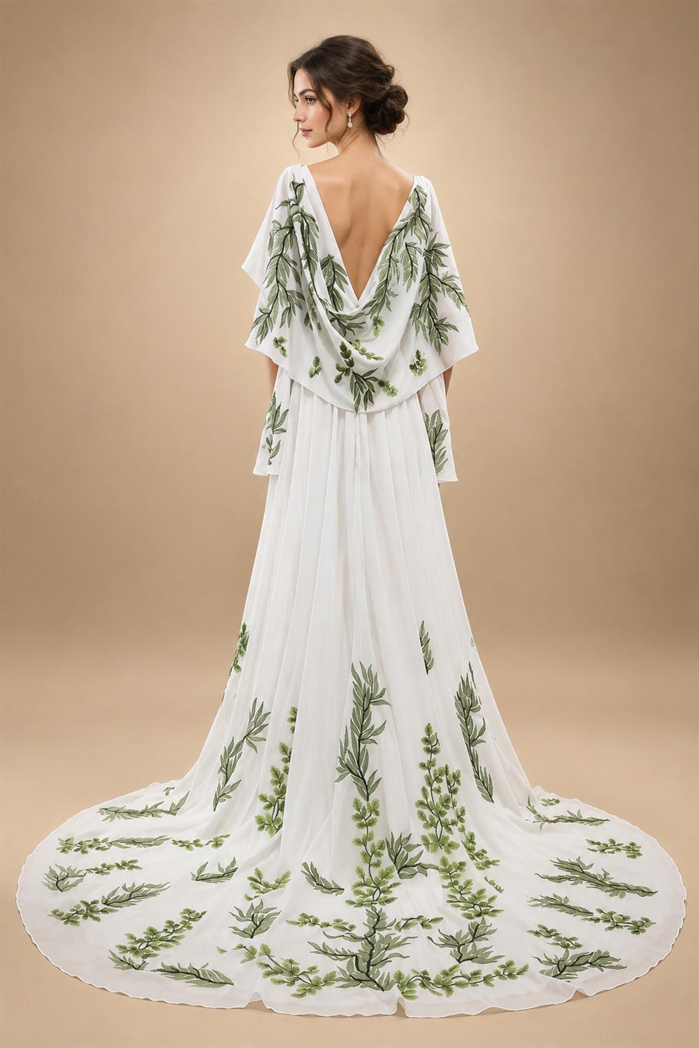 Luxury White & Green Botanical Print Cape Boho Train Wedding Dress ZP160