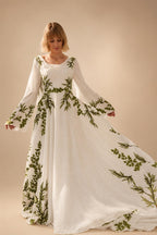 Luxury White & Green Botanical Print Cape Boho Train Wedding Dress ZP160