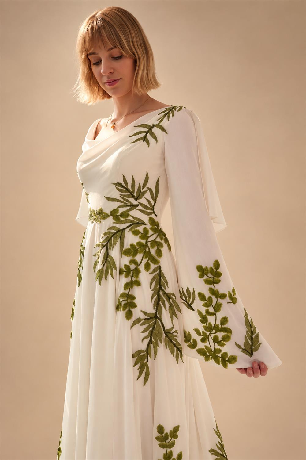 Luxury White & Green Botanical Print Cape Boho Train Wedding Dress ZP160