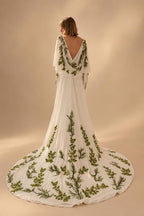 Luxury White & Green Botanical Print Cape Boho Train Wedding Dress ZP160