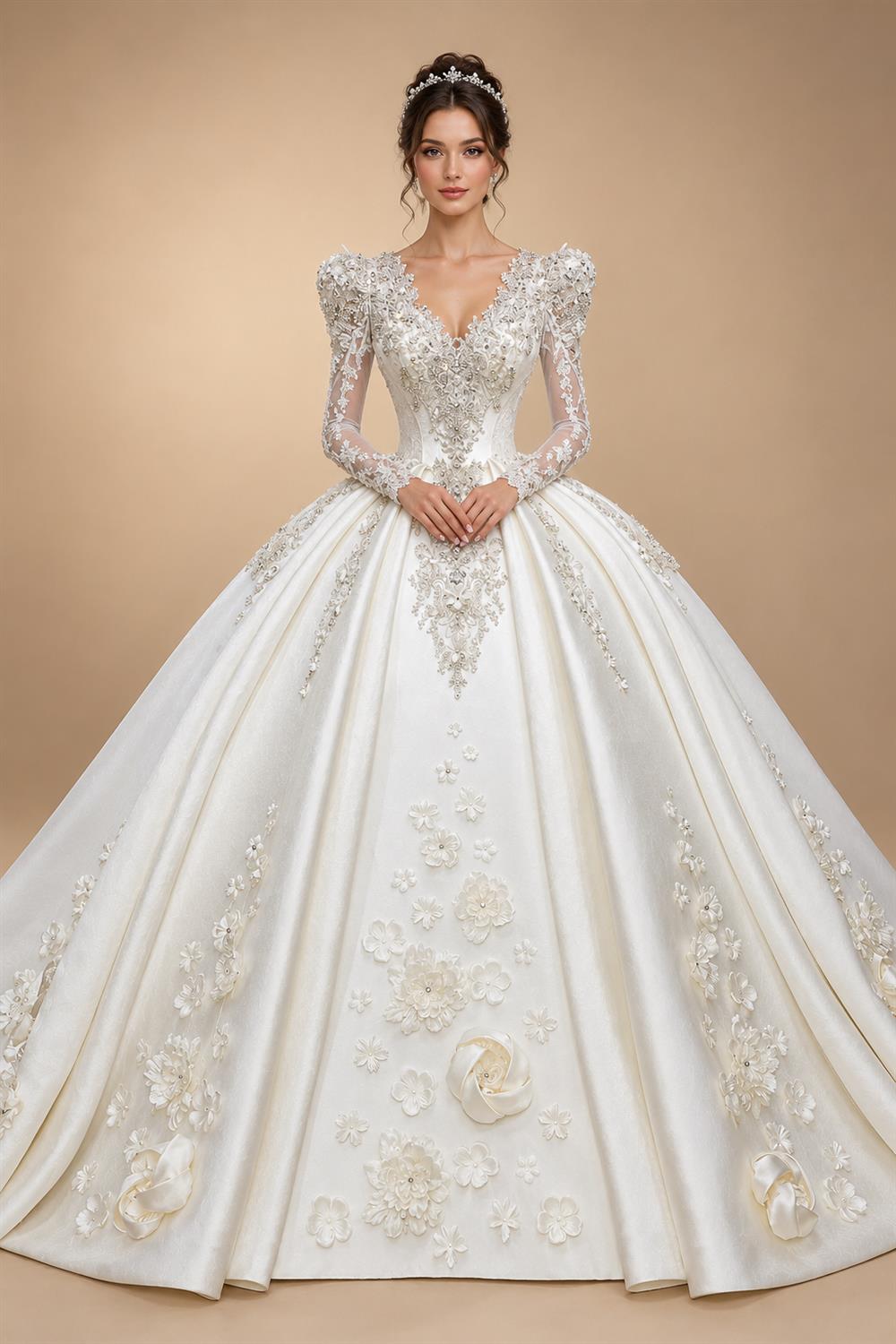 Luxury Satin 3D Floral Long Sleeve Embroidered Wedding Dress ZP161