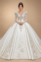Luxury Satin 3D Floral Long Sleeve Embroidered Wedding Dress ZP161