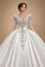 Luxury Satin 3D Floral Long Sleeve Embroidered Wedding Dress ZP161