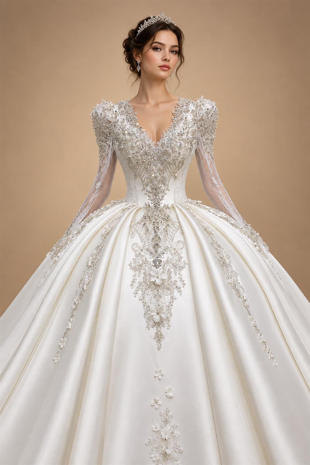 Luxury Satin 3D Floral Long Sleeve Embroidered Wedding Dress ZP161