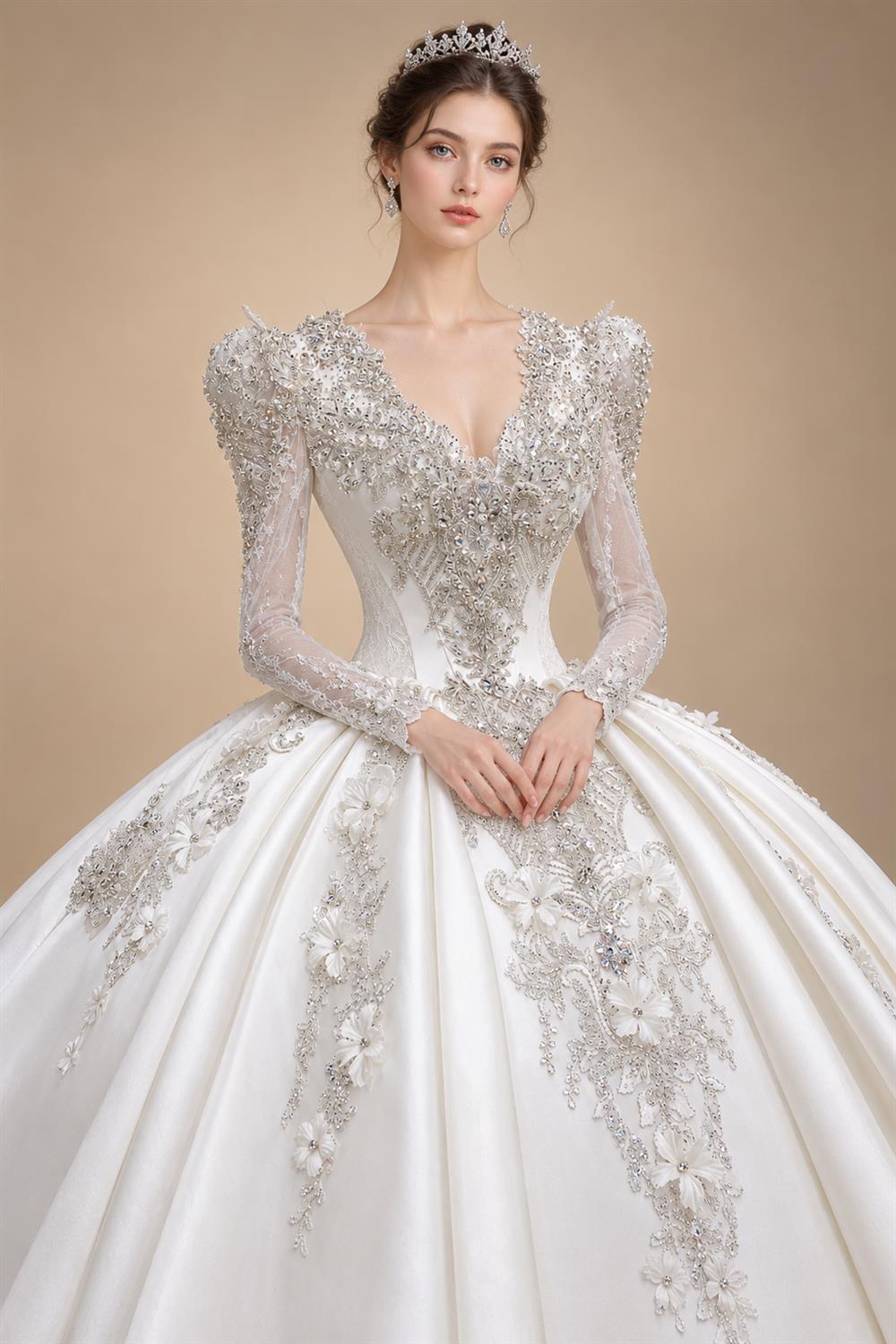 Luxury Satin 3D Floral Long Sleeve Embroidered Wedding Dress ZP161