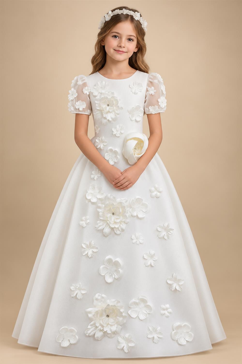 Luxury Satin 3D Floral Long Sleeve Embroidered Wedding Dress ZP161