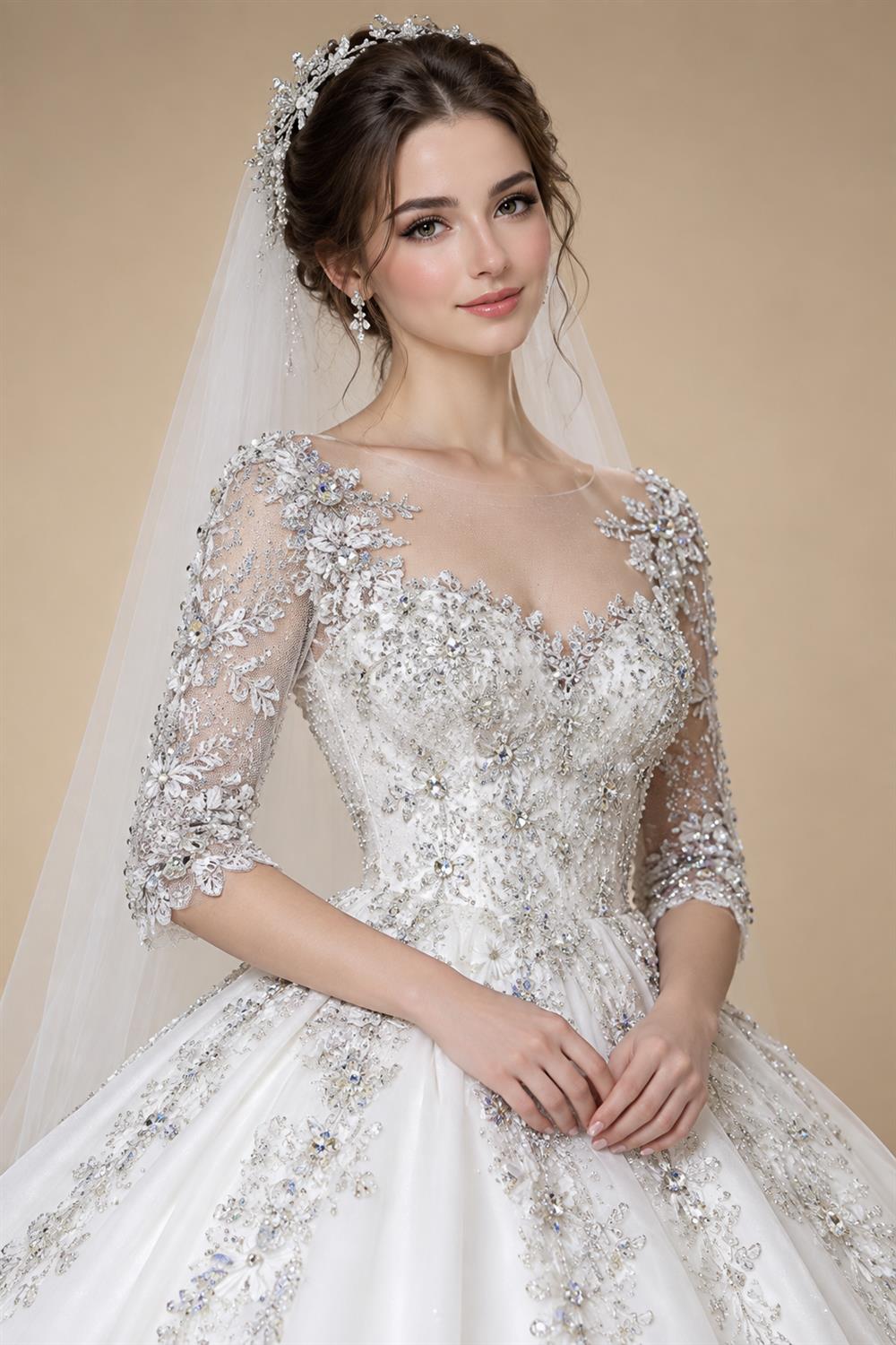Luxury Satin 3D Floral Long Sleeve Embroidered Wedding Dress ZP161