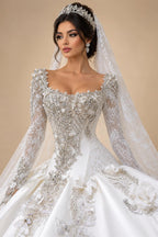Luxury Satin 3D Floral Long Sleeve Embroidered Wedding Dress ZP161