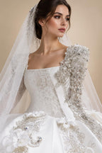 Luxury Satin 3D Floral Long Sleeve Embroidered Wedding Dress ZP161