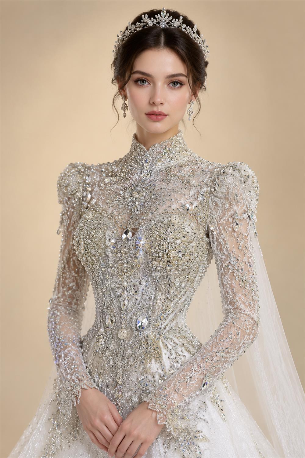 Luxury Satin 3D Floral Long Sleeve Embroidered Wedding Dress ZP161