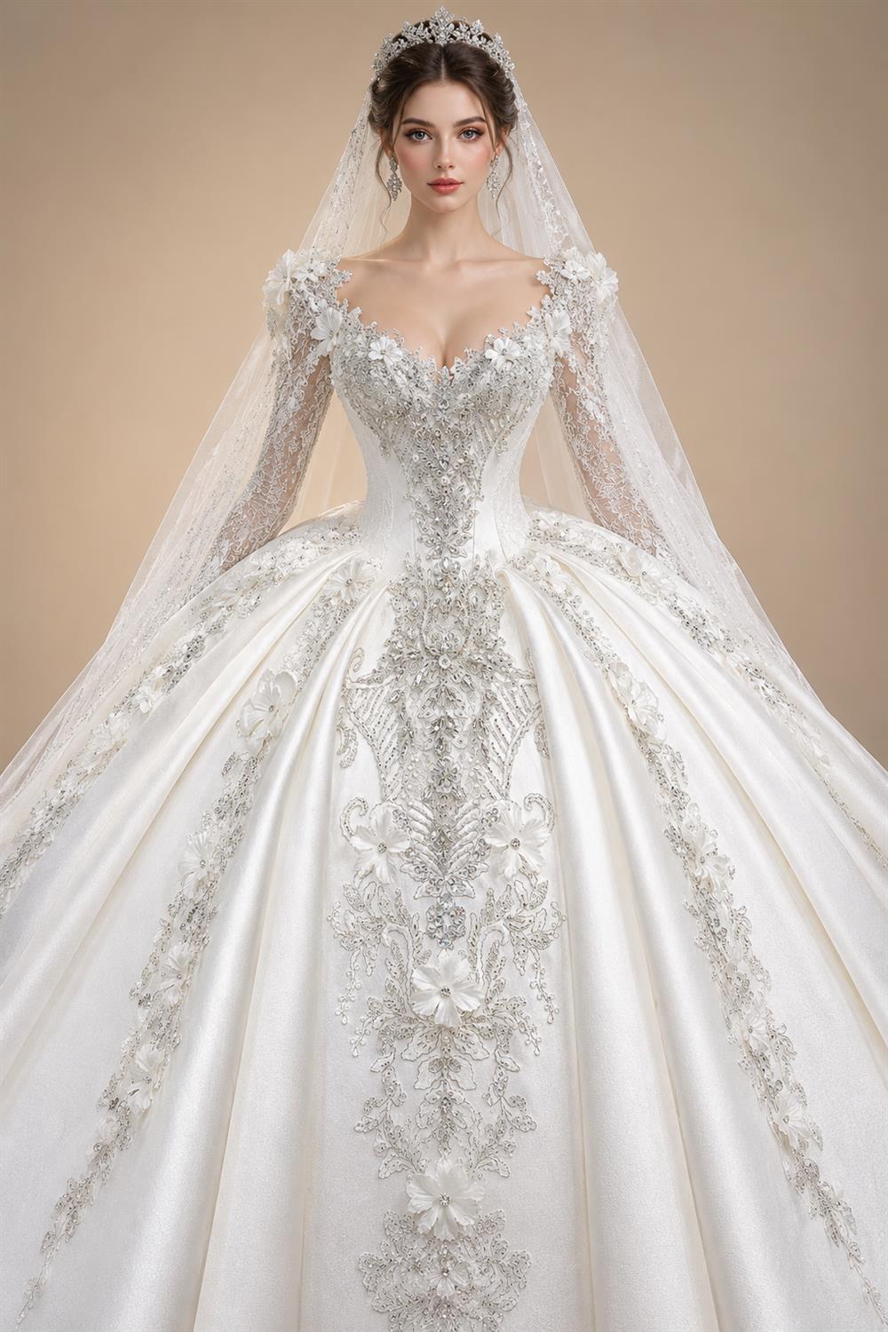 Luxury Satin 3D Floral Long Sleeve Embroidered Wedding Dress ZP161