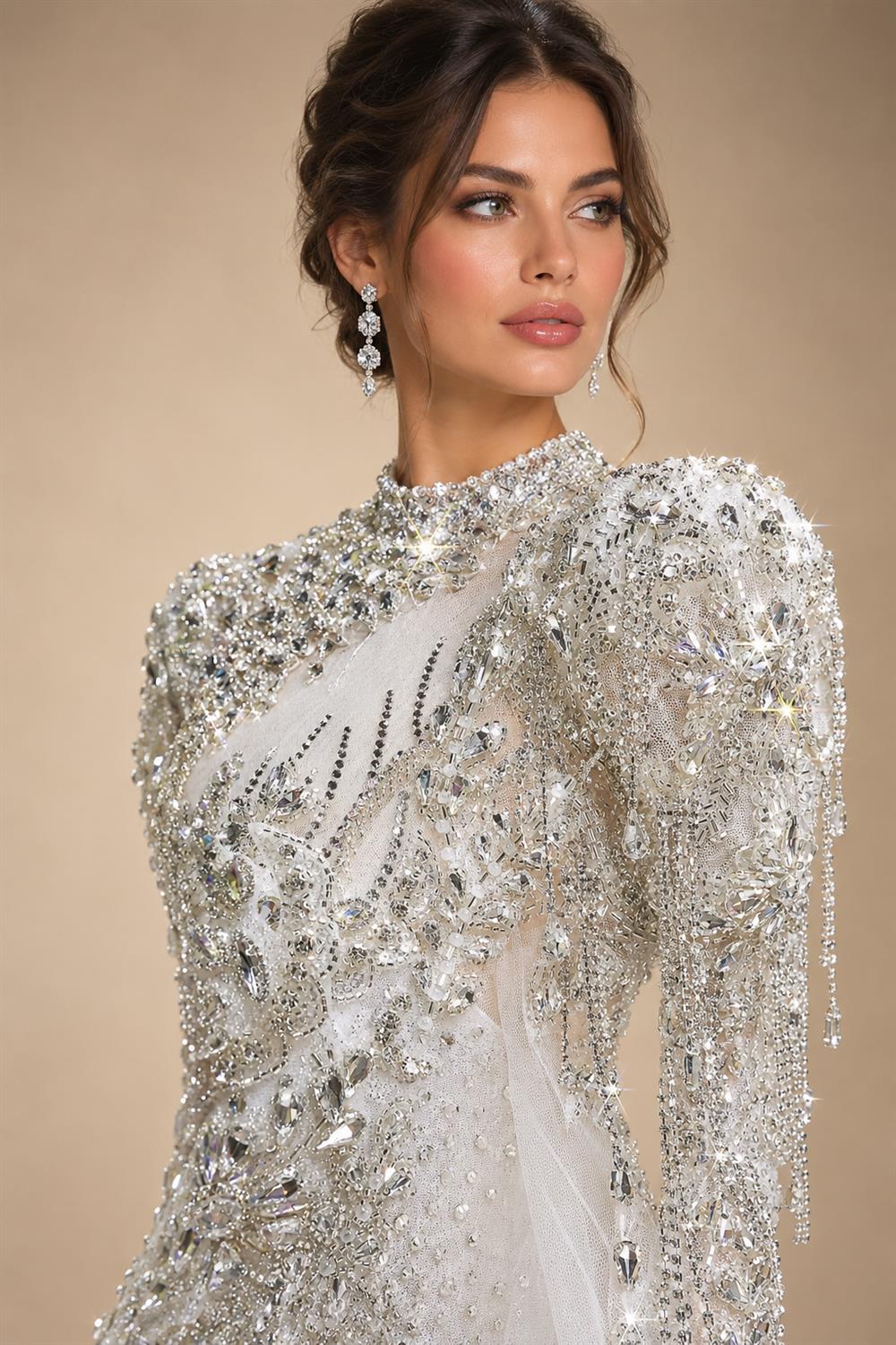 Luxury Long Sleeve Ivory Wedding Dress with Crystal Embroidered Details ZP162